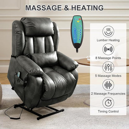 EDILLY Large Reclining Lift Chair, Dual Motor Massage Chair, Genuine Leather Recliner with Heating and Massage for Seniors, with Double Lumbar Cushion and Extended Footrest, USB Port(Silver Grey)