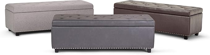 SIMPLIHOME Hamilton 48 inch Wide Transitional Rectangle Storage Ottoman in Stone Grey Vegan Faux Leather, Assembled, For the Living Room, Entryway and Family Room