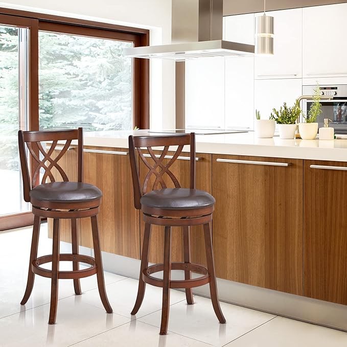 COSTWAY Bar Stools Set of 2, 360° Swivel Chairs with Rubber Wood Frame, 30-Inch PU Leather Cushioned Seat and Footrests, for Kitchen Island, Dining Room, Bar (Brown-30 inches, 2 stools)