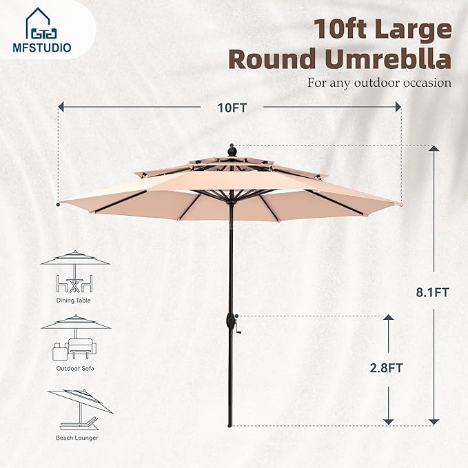 MFSTUDIO 8 Pieces Patio Furniture Set with 10ft 3 Tier Auto-tilt Umbrella,Outdoor Metal Frame Patio Sectional Sofa Conversation Set with 4 Coffee Tables&Removable Cushion for Backyard,Garden,Poolside