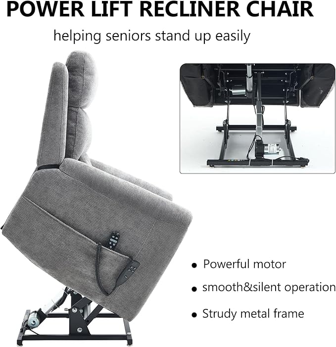 PELUMY Power Lift Recliner Chair for Elderly with Massage and Heat, Dual Motor Heavy Duty 350lbs Recliner, 8-Point Vibration & Lumbar Heating, Electric Lift Chair (Chenille, Dark Grey)