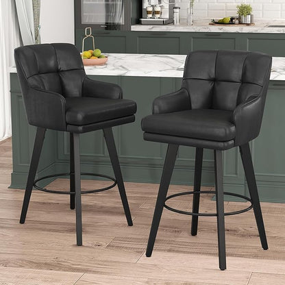 360°Swivel Counter Height Bar Stools with Back, 30 inch Solid Wood Legs, Bar Stool Modern Kitchen Island Chairs, Faux Leather (Black- Faux Leather, 30" H- Set of 4)