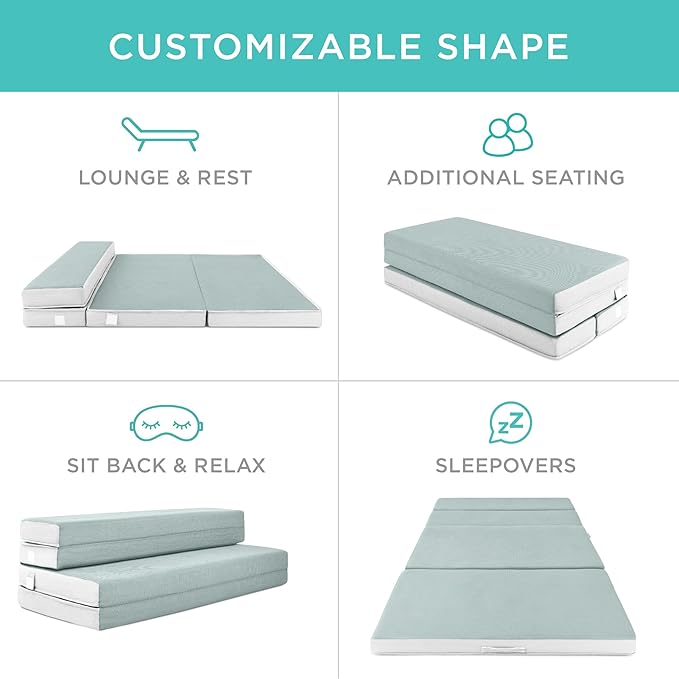 Best Choice Products 4in Portable Twin XL-Size Mattress, Tri-Fold Mattress for Camping, Guest, Toddler, Foam Plush w/Carry Case - Seafoam