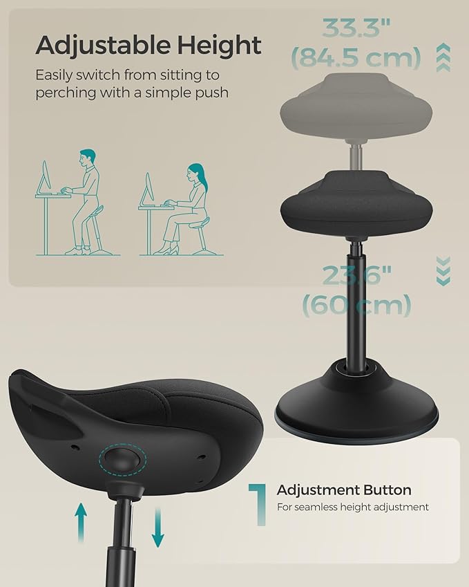 SONGMICS Ergonomic Wobble Stool, Height Adjustable Standing Desk Stool 23.6-33.3 Inches, Swivel Balance Chair with Non-Slip Base, Standing Chair, for Active Sitting, Office, Home, Ink Black UOSC02BK