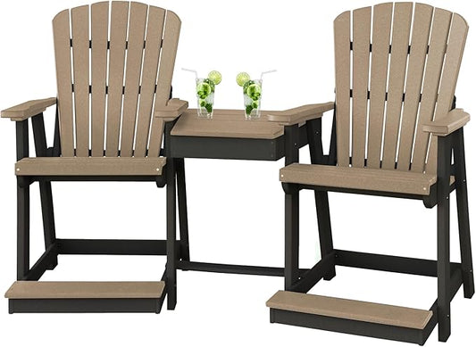 DutchCrafters Plastic Poly Outdoor Bistro Set with 2 Chairs and Attached Center Table, 3 Piece Patio Furniture Set - Amish Made in USA (Black & Weatherwood)