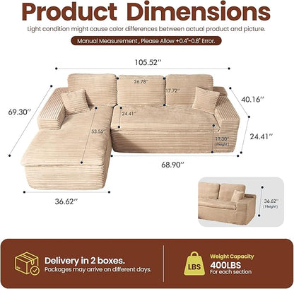 106" Oversized Couch Sofa, L Shape Couches for Living Room, No Assembly Required Plush Velvet Sectional Sofas with Left Facing Chaise for Home Apartment