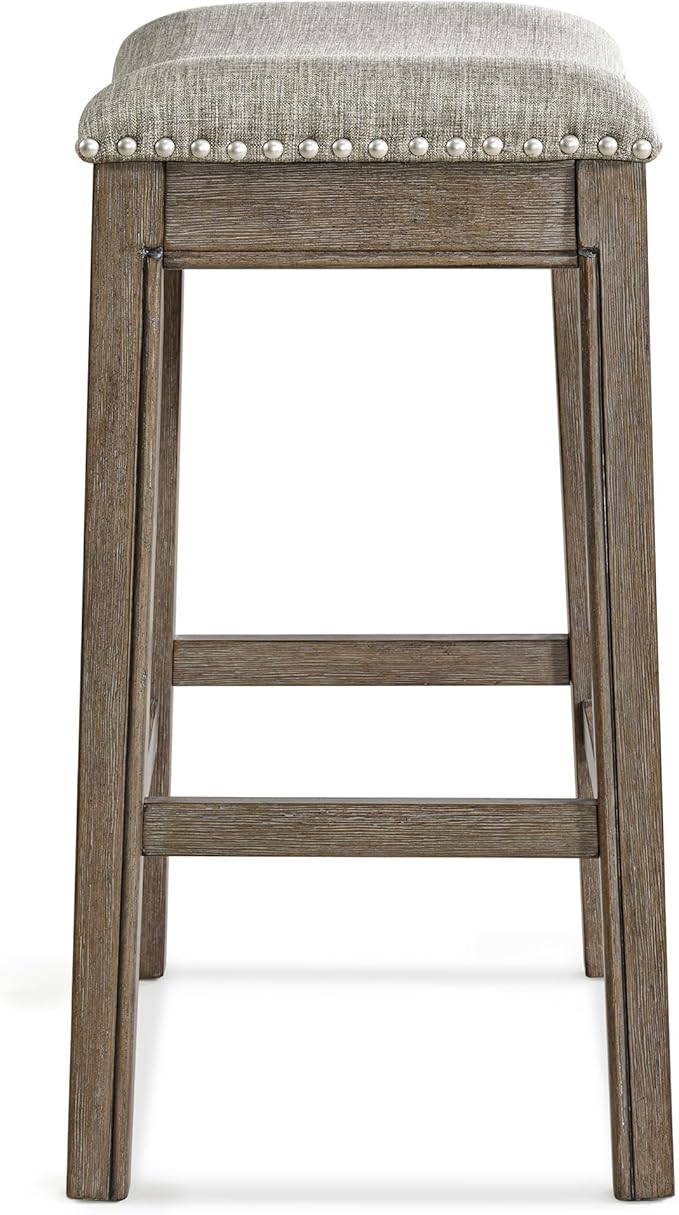 ROME + OAK Set of 2 Parker 26 Inch Counter Stool, Backless Saddle Kitchen Barstool in Walnut Finish with Grey Fabric Upholstery Cushion Seat