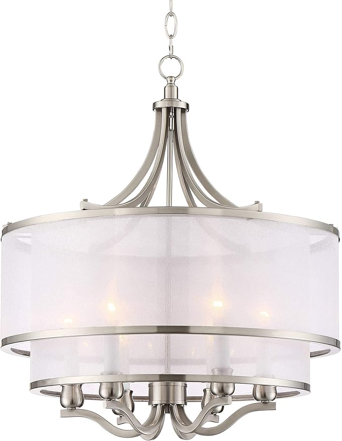 Possini Euro Design Luxe Nickel Pendant Light - 6 Light, Brushed Nickel Finish, White Organza Shade, Luxe Modern Pendant for Kitchen Islands, Dining Rooms, and Living Rooms - 26" Wide, 23" High