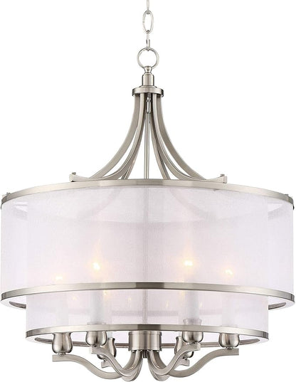 Possini Euro Design Luxe Nickel Pendant Light - 6 Light, Brushed Nickel Finish, White Organza Shade, Luxe Modern Pendant for Kitchen Islands, Dining Rooms, and Living Rooms - 26" Wide, 23" High