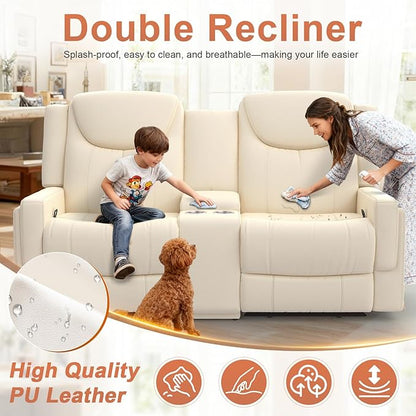 Loveseat Recliner Sofa, Beige PU Leather Double Recliner Loveseat with Console, Cup Holders, Storage & USB Ports, Ergonomics，Manual Reclining Sofa Couch for Living Room, RV