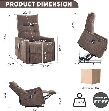 PELUMY Manual Lift Recliner Chair with Massage and Heat for Elderly, Single Motor Electric Lift Chair, Heavy Duty Recliner with USB Charging & Side Pockets (Chenille, Brown)