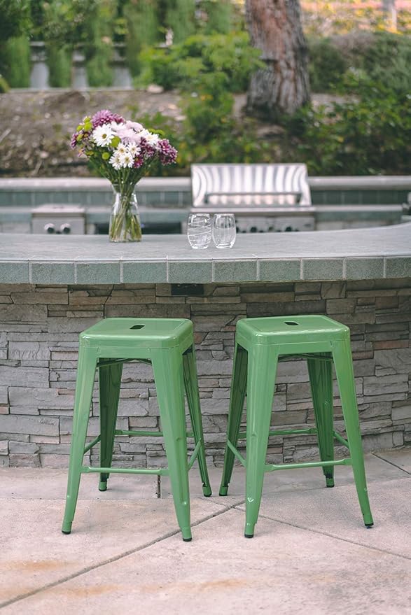 Vogue Furniture Direct 24" High Bar Stools Backless Green Metal Barstools Indoor-Outdoor Counter Height Stools with Square Seat, Set of 2 - VF1571020