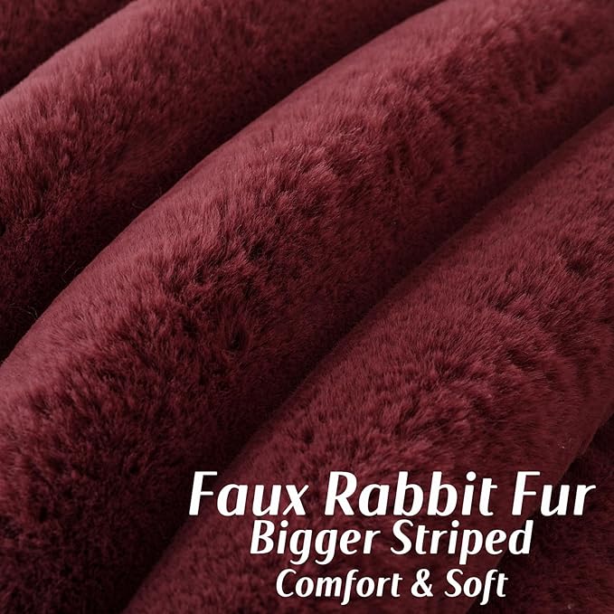 FUTEI Christmas Burgundy Decorative Throw Pillow Covers 16x16 Inch Set of 2, Square Soft Faux Rabbit Fur Thick Striped Cushion Cover,Winter Home Decor for Couch Bed Living Room