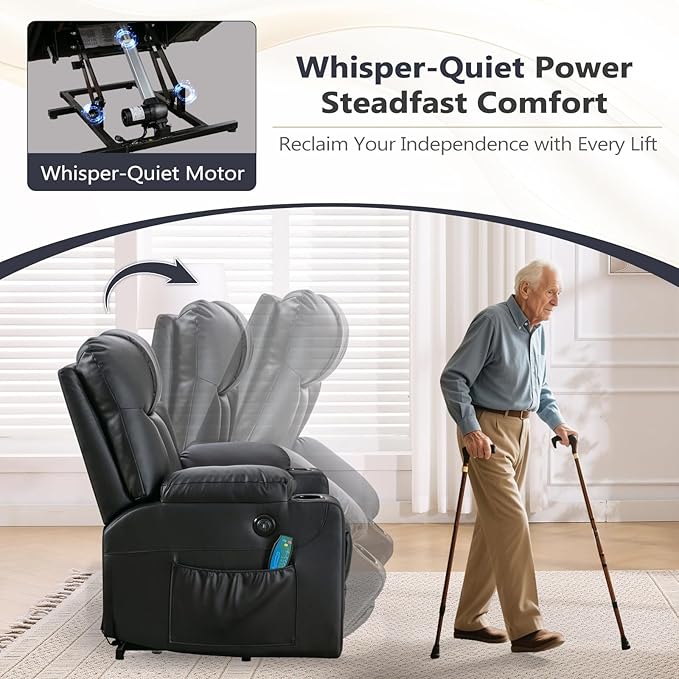 ANJ Black Power Lift Recliner Chair for Elderly with Heat & Massage, Faux Leather Electric Recliner Sofa with USB Port, Cup Holders & Side Pockets, Heavy Duty Reclining Chair for Seniors