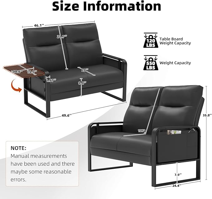 Faux Leather Loveseat, Upholstered Loveseat with Side Tray Table & Storage Pocket, Small Loveseat for Living Room, Modern 2 Seater Sofa Couch for Small Spaces, Bedroom, Black
