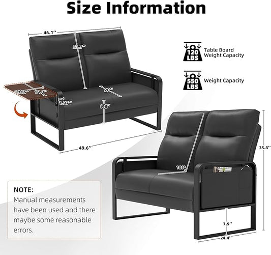 Faux Leather Loveseat, Upholstered Loveseat with Side Tray Table & Storage Pocket, Small Loveseat for Living Room, Modern 2 Seater Sofa Couch for Small Spaces, Bedroom, Black