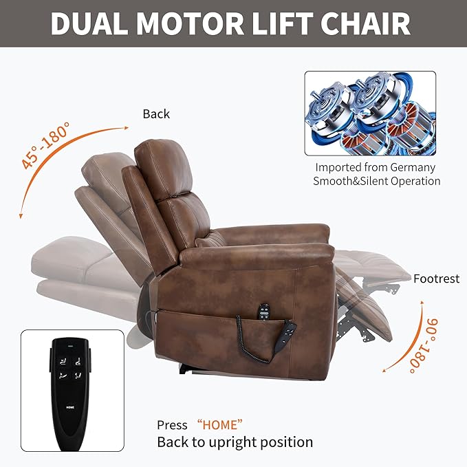 PELUMY Power Lift Recliner Chair for Elderly with Massage and Heat, Dual Motor Heavy Duty 350lbs Recliner, 8-Point Vibration & Lumbar Heating, Electric Lift Chair (Breathable Leather, Brown)