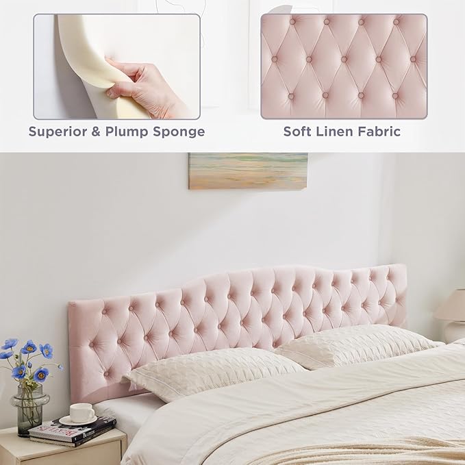 Upholstered King Headboard, Button Diamond Tufted Headboard with Adjustable Height and Solid Wood Leg, Velvet Padded Headboards for King Size Bed, Modern Head Board (Pink)