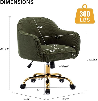 Home Office Desk Chair with Arms Gold Wheels Modern Velvet Upholstered Rolling Computer Chair Mid-Back Ergonomic Adjustable Swivel Vanity Chair for Bedroom Study Office, Green,Corduroy