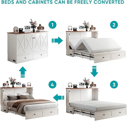 BALUS Full Size Cabinet Bed with Tri-Folding Mattress, 57’W Murphy Bed with USB Charging Station & 2 Storage Drawers, Full Murphy Cabinet Beds for Living Rooom, Apartment, Home Office, Bedroom-White