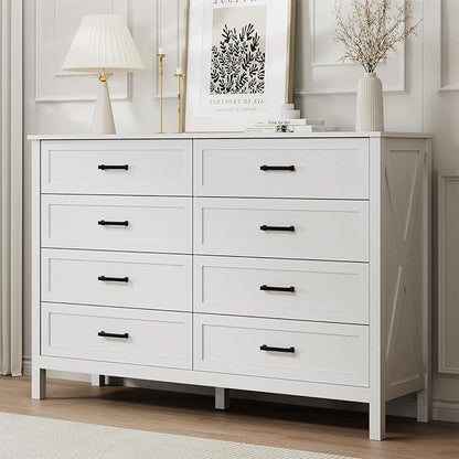 LYNSOM Farmhouse 8 Drawer Dresser for Bedroom, 55 Inch Wide Wood Rustic Chest of Drawers with X-Marking & Bar Handle, Large Storage Dressers Organizer for Bedroom, Hallway, White