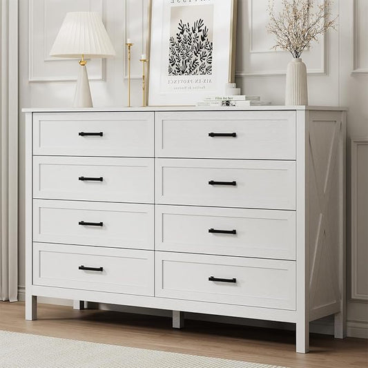 LYNSOM Farmhouse 8 Drawer Dresser for Bedroom, 55 Inch Wide Wood Rustic Chest of Drawers with X-Marking & Bar Handle, Large Storage Dressers Organizer for Bedroom, Hallway, White