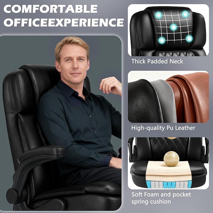400lbs Executive Office Chair with Flip up Arm,Ergonomic Big and Tall Computer Desk Chairs with Pocket Spring Cushion,High Back PU Leather Computer Chair with Adjustable Lumbar Support,Metal Base