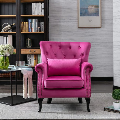 Accent Reading Arm Chairs for Living Room Bedroom, Midcentury Modern Comfy Corner Sofa Chair, Wingback Waiting Room Club Chair with Button Tufted Back &Lumbar Pillow, Velvet Rose