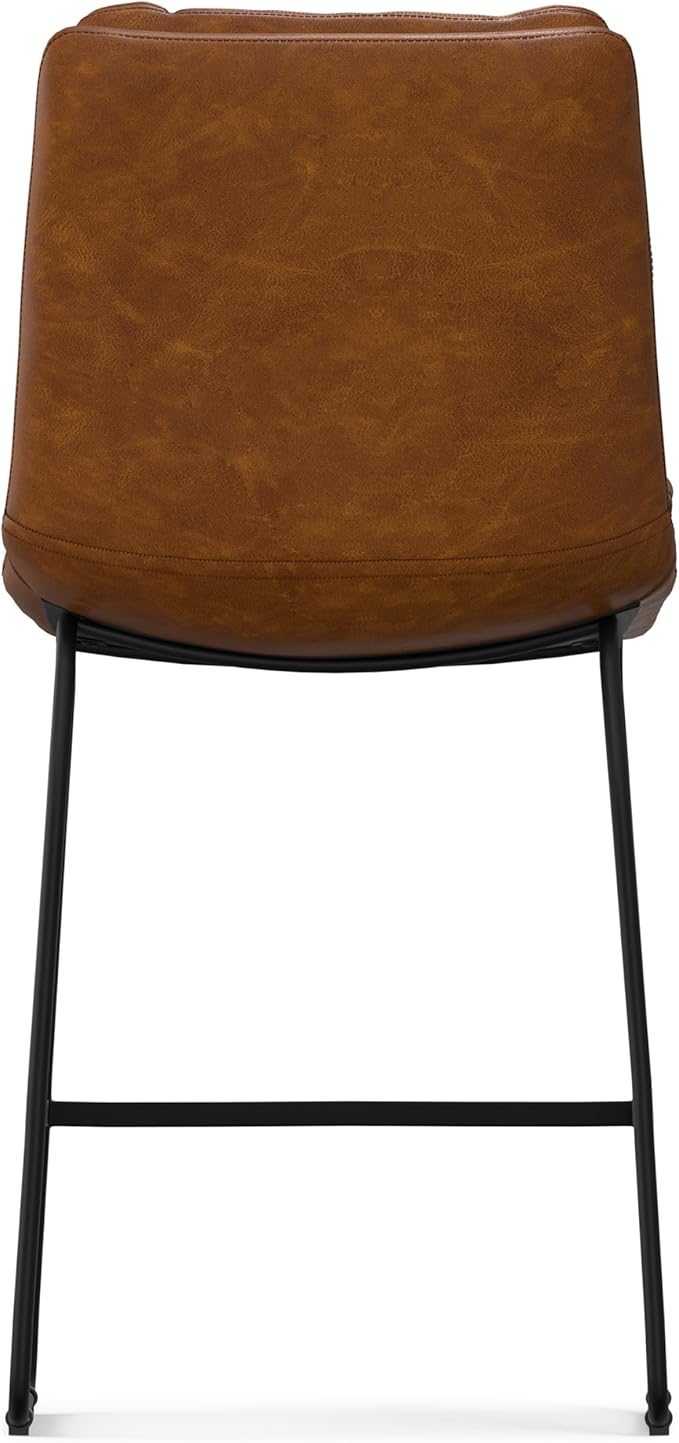 SIMPLIHOME Danika Counter Stools (Set of 2) - 24 Inch Seat Height Upholstered Metal Kitchen Seats in Camel Brown Vegan Faux Leather, Mid Century Modern Seating with Tufted Design and Footrest