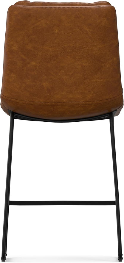 SIMPLIHOME Danika Counter Stools (Set of 2) - 24 Inch Seat Height Upholstered Metal Kitchen Seats in Camel Brown Vegan Faux Leather, Mid Century Modern Seating with Tufted Design and Footrest