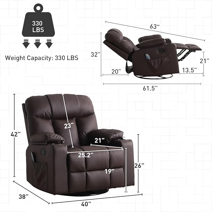 Bonzy Home Swivel Rocker Recliner with Heating and Massage, 40" Manual Rocker Recliner Chair, PU Leather Single Sofa with 2 Cup Holders for Living Room Bedroom, Brown