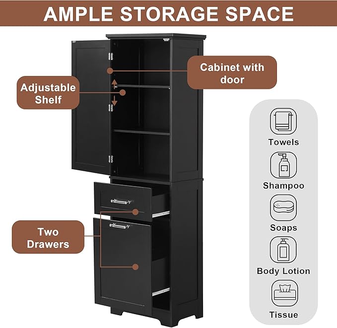 Tall Bathroom Storage Cabinet, Freestanding Storage Cabinet with 1 Door, 2 Different Size Drawers for Bathroom Living Room (Black)