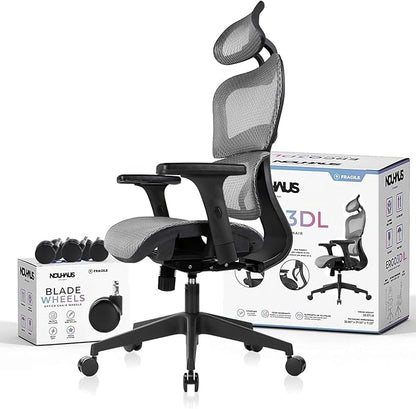 Nouhaus Ergo3dL Home Office Desk Computer Chairs Ergonomic Office Chair High-Back Mesh Rolling Work Chairs with Wheels and Adjustable Headrests Comfortable Lumbar Support Adjustable Armrests,Gray