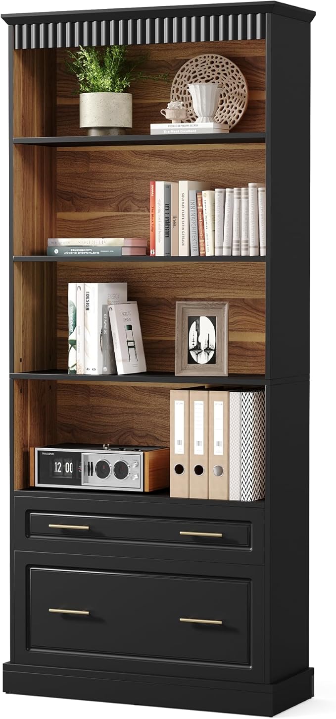 LITTLE TREE 72" Tall Black Bookcase, 5-Tier Office Bookself with File Cabinet Drawers,Modern Floor Standing Storage Filing Cabinet Book Shelf for Living Room,Bedroom