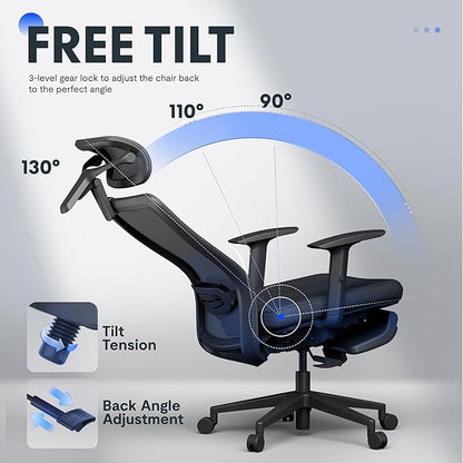 FLEXISPOT OC3 Cloud Ergonomic Office Chair with Footrest, High Back Computer Chair with Adjustable Lumbar Support/3D Headrest, Desk Chairs for Home Office Gaming Working, Black,Foam Seat,Cloud-F