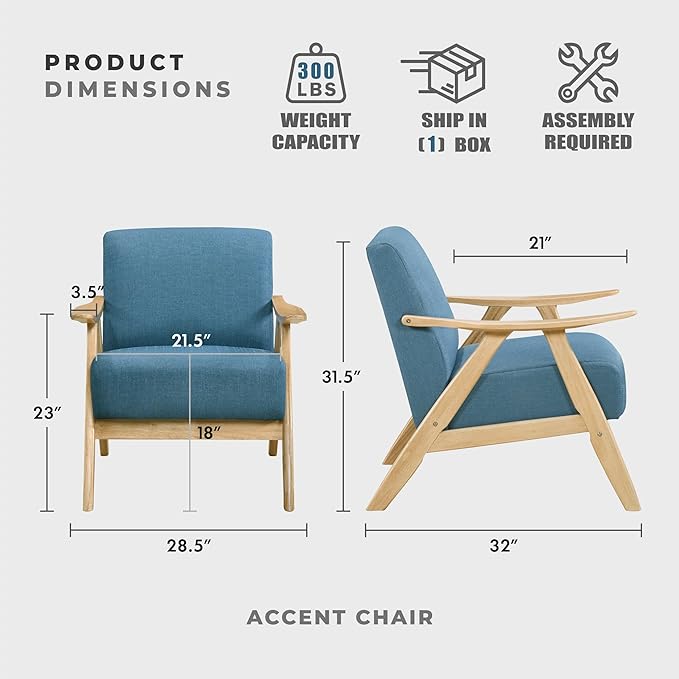Lexicon Mid Century Modern Accent Chair with Solid Wood Frame in Natural Finish, Textured Fabric Living Room Lounge Arm Chair, Thick and Comfy Innerspring Seat Cushion, Linen-Look Fabric, Blue