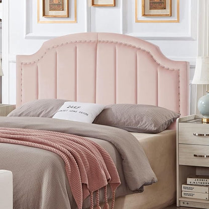 24KF Velvet Fabric Upholstered Queen/Full Headboard with Nail Trims,Modern Vertical Channel Design with Curved Headboard, 6052-Q-Pink