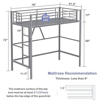 VECELO Metal Loft Bed Twin Size, Heavy Duty Bedframe with Removable Ladder and Safety Guardrail, Space-Saving, Noise Free, No Box Spring Needed, Grey