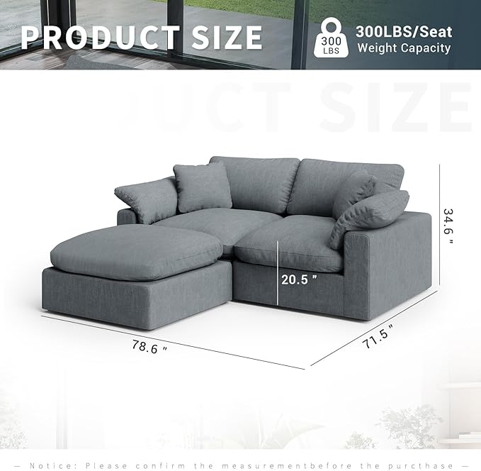 Modular Sectional Sofa Cloud Couch,Down Filled Comfy Cloud Modern Sofa,L Shape Oversized Couch Cushion Covers Removable for Living Room,Light Blue