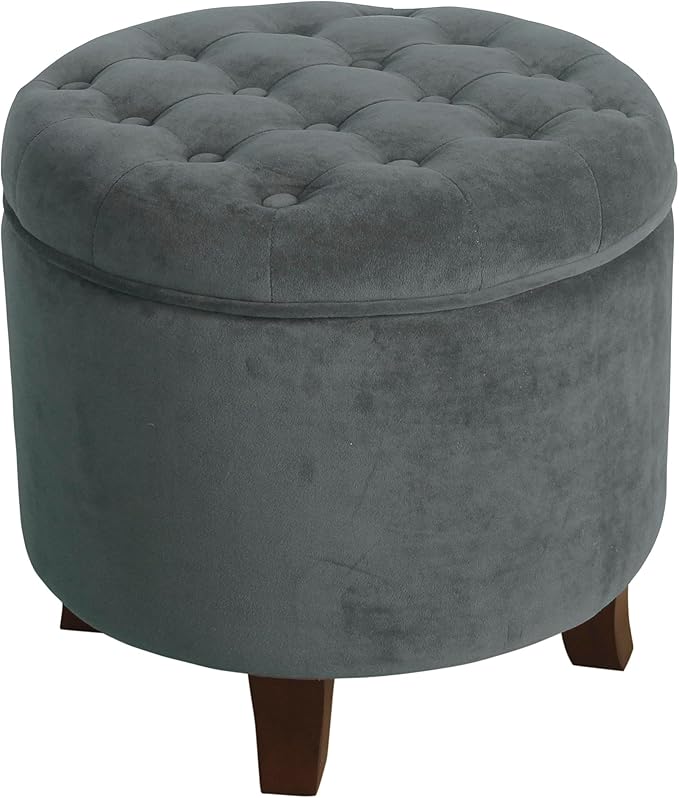 Homepop Home Decor | Upholstered Round Velvet Tufted Foot Rest Ottoman | Ottoman with Storage for Living Room & Bedroom | Decorative Home Furniture, Dark Gray Small
