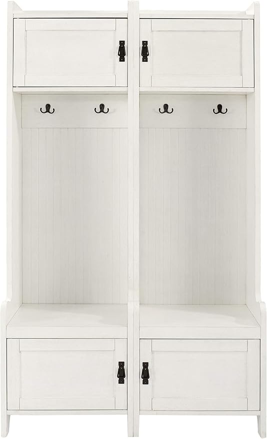 Crosley Furniture Fremont 2-Piece Hall Tree Entryway Set with Storage Cabinets and Coat Rack Hooks, Distressed White