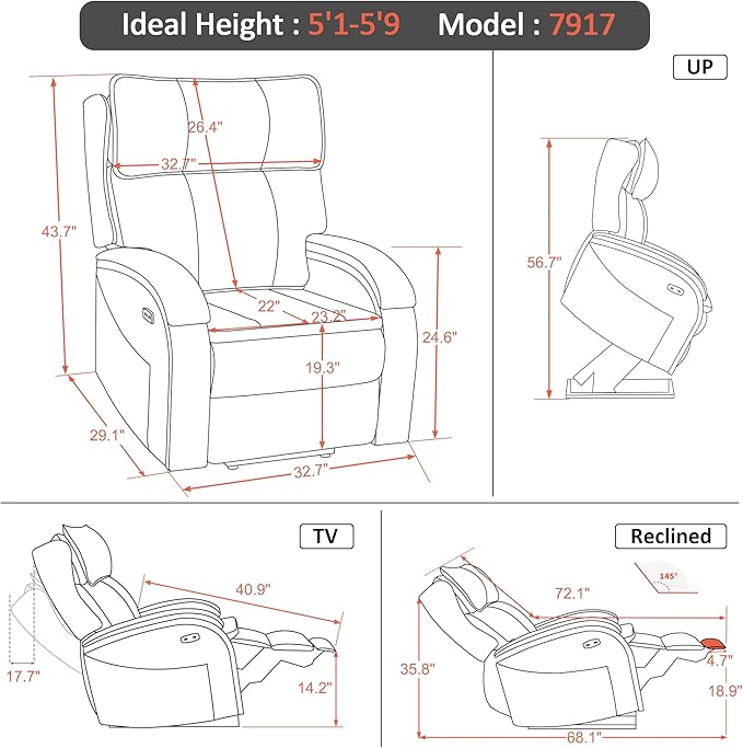 MCombo Power Lift Recliner Chair Sofa with Massage and Heat, Adjustable Headrest for Elderly People, Solid Wood Armrest, USB Ports, Side Pockets, Faux Leather 7917 (Cream White, Medium)