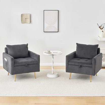 Furnimart Storage Accent Chair with Arm, Mid-Century Corduroy Sofa Chair with Removable Cushion, Reading Chair for Bedroom, Living Room, Apartment, Gray