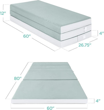 Best Choice Products 4in Portable Queen-Size Mattress, Tri-Fold Mattress for Camping, Guest, Toddler, Foam Plush w/Carry Case - Seafoam