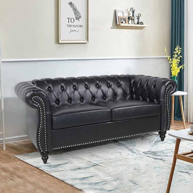 LEVNARY Leather Sofa, Chesterfield Tufted Upholstered 2 Seater Couch, Modern Loveseat Couch Classic Furniture for Living Room Bedroom (Black)