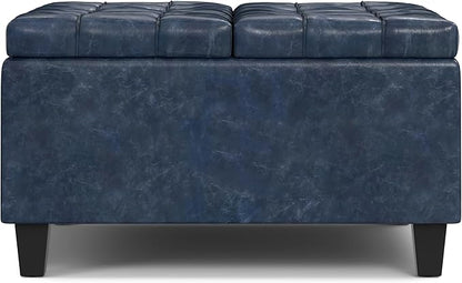SIMPLIHOME Harrison 30 inch Wide Transitional Square Small Coffee Table Storage Ottoman in Denim Blue Vegan Faux Leather, Assembled, for The Living Room and Bedroom