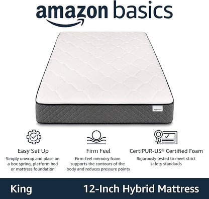Amazon Basics Gel-Infused Memory Foam Mattress, 12-Inch Hybrid, Cushion Firm, Cool Touch, CertiPUR-US® Certified Foam, King, White / Gray
