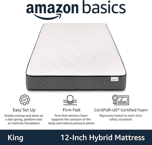 Amazon Basics Gel-Infused Memory Foam Mattress, 12-Inch Hybrid, Cushion Firm, Cool Touch, CertiPUR-US® Certified Foam, King, White / Gray