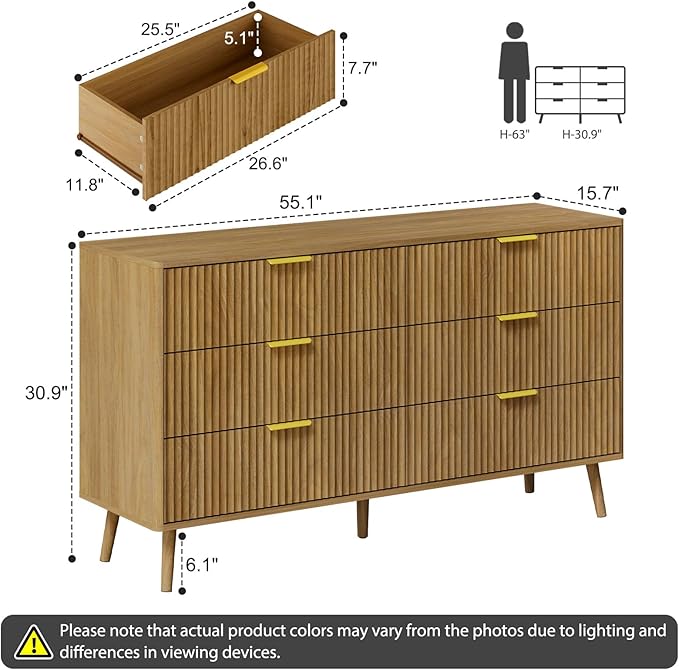LYNSOM Fluted Dresser and Nightstand Sets 2 Piece, 2-Drawer Nightstands and 6-Drawers Dresser, Wood Bedroom Furniture Set for Home, Bedroom, Hallway, Natural Oak