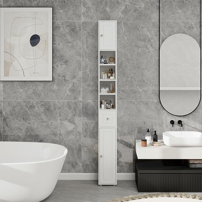 Tall Slim Bathroom Storage Cabinet, 71" Freestanding Bathroom Cabinet w/ 2 Doors, 1 Drawer, 4 Adjustable Shelves, Floor Narrow Tower Cabinet for Small Spaces